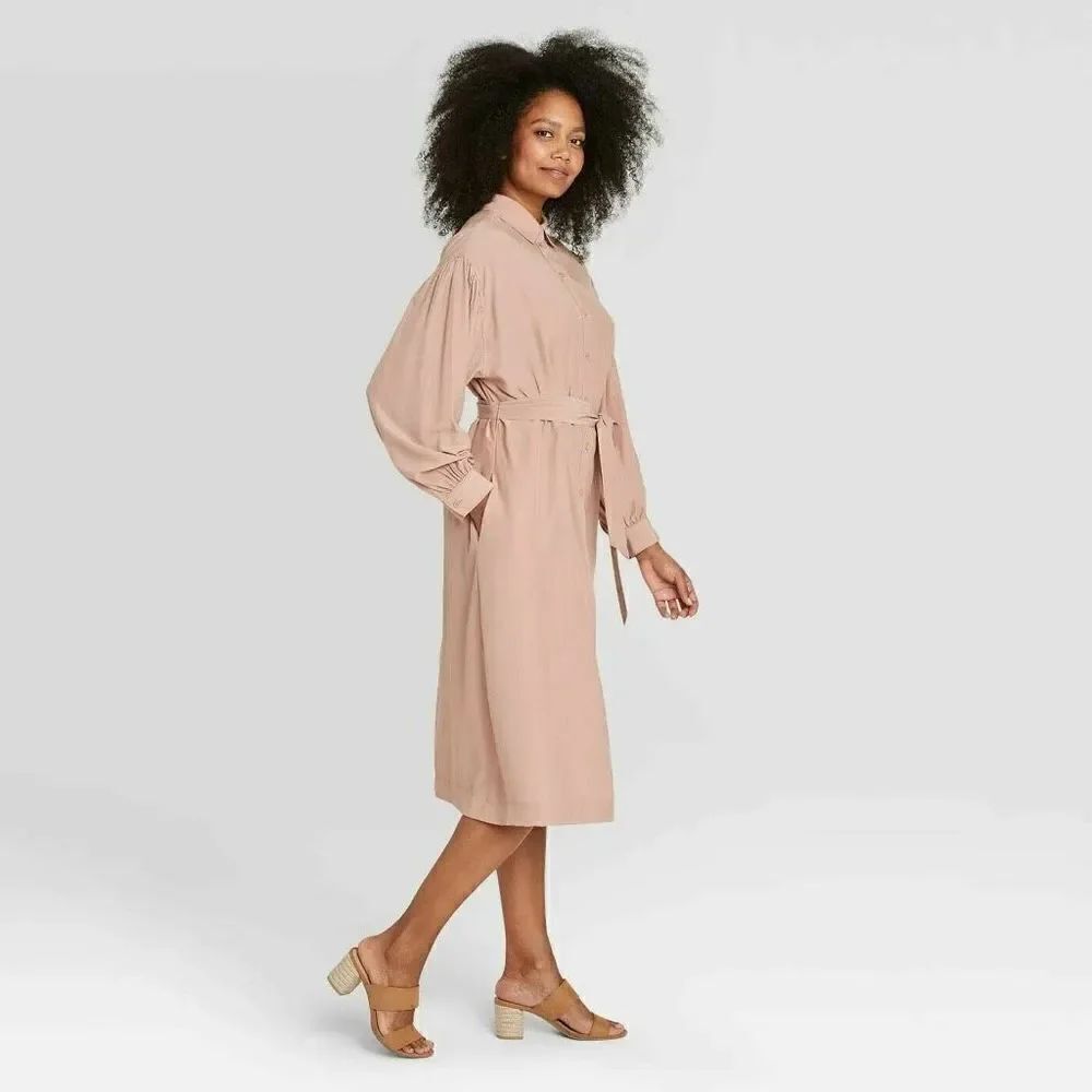 NWT Womens Prologue Copper Button Down Long Sleeve Drapey Shirt Dress - Sz M